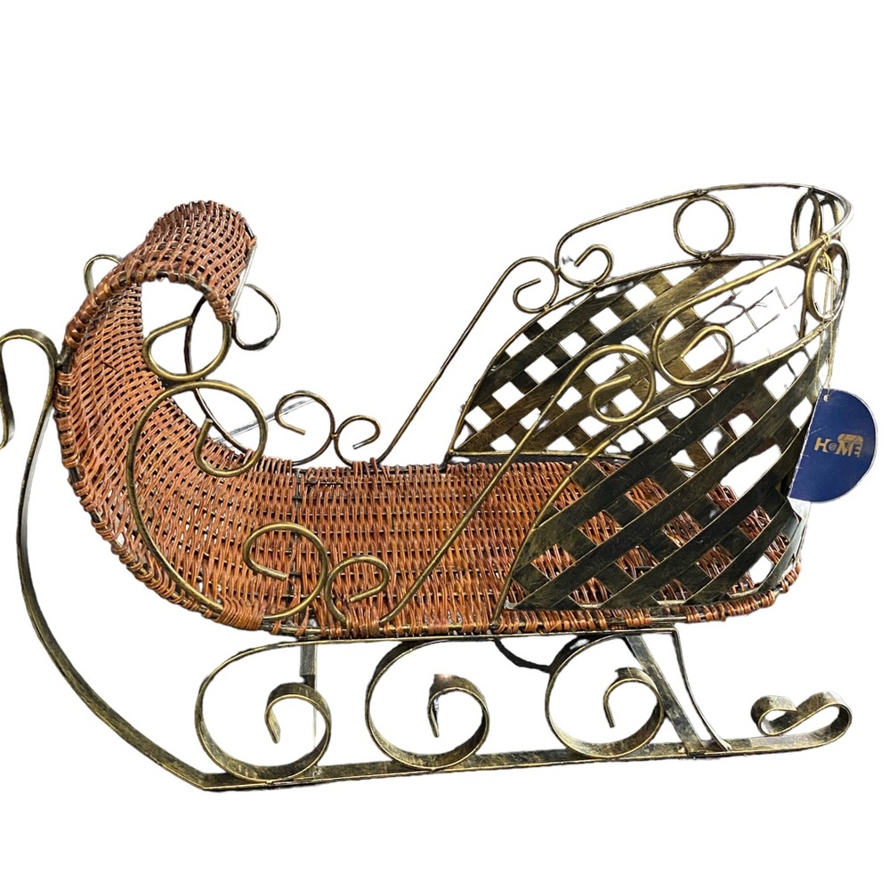 ✅ Vintage New Gold Woven Metal Wicker Sleigh Tabletop Centerpiece Decoration